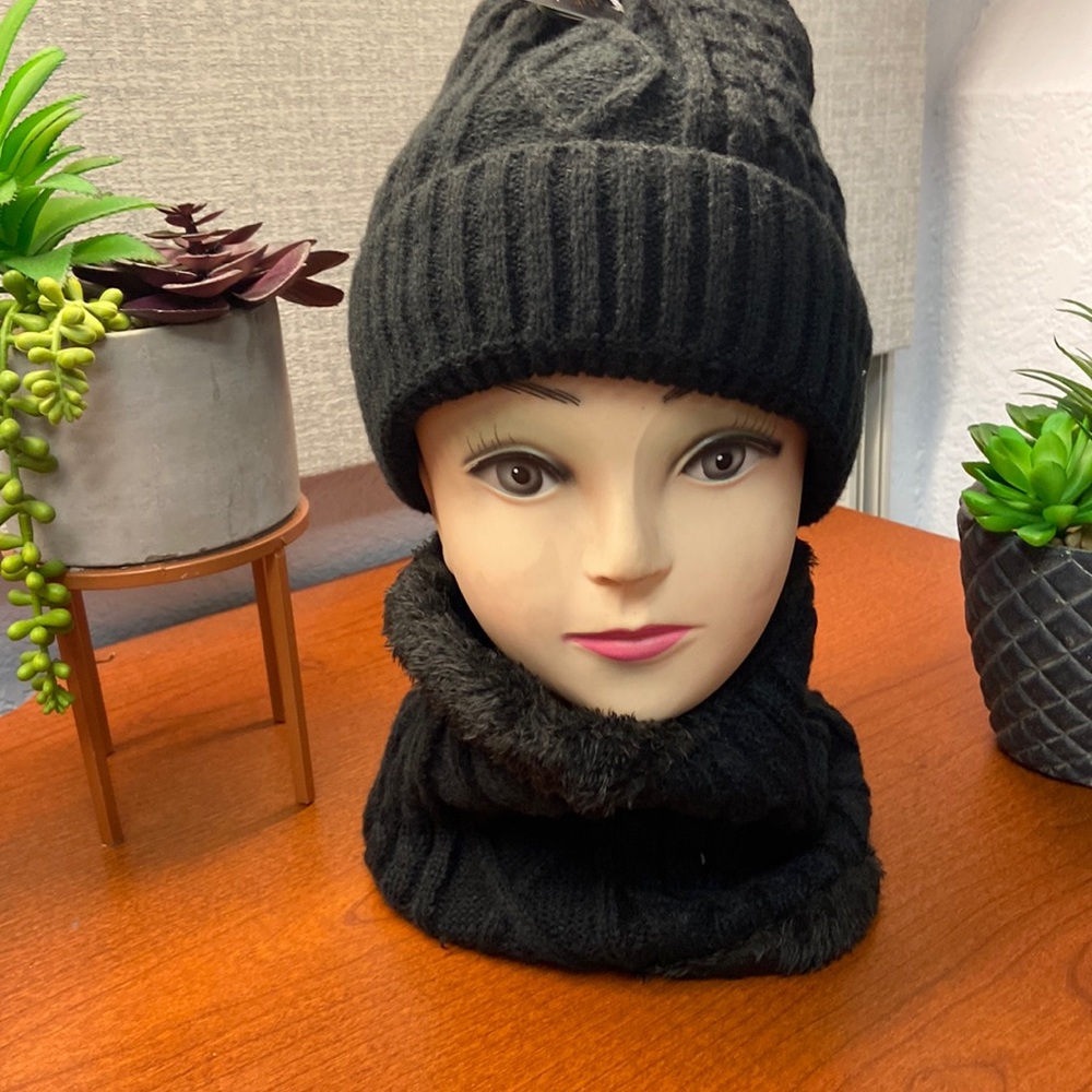 New Woman’s black beenie with matching scarf